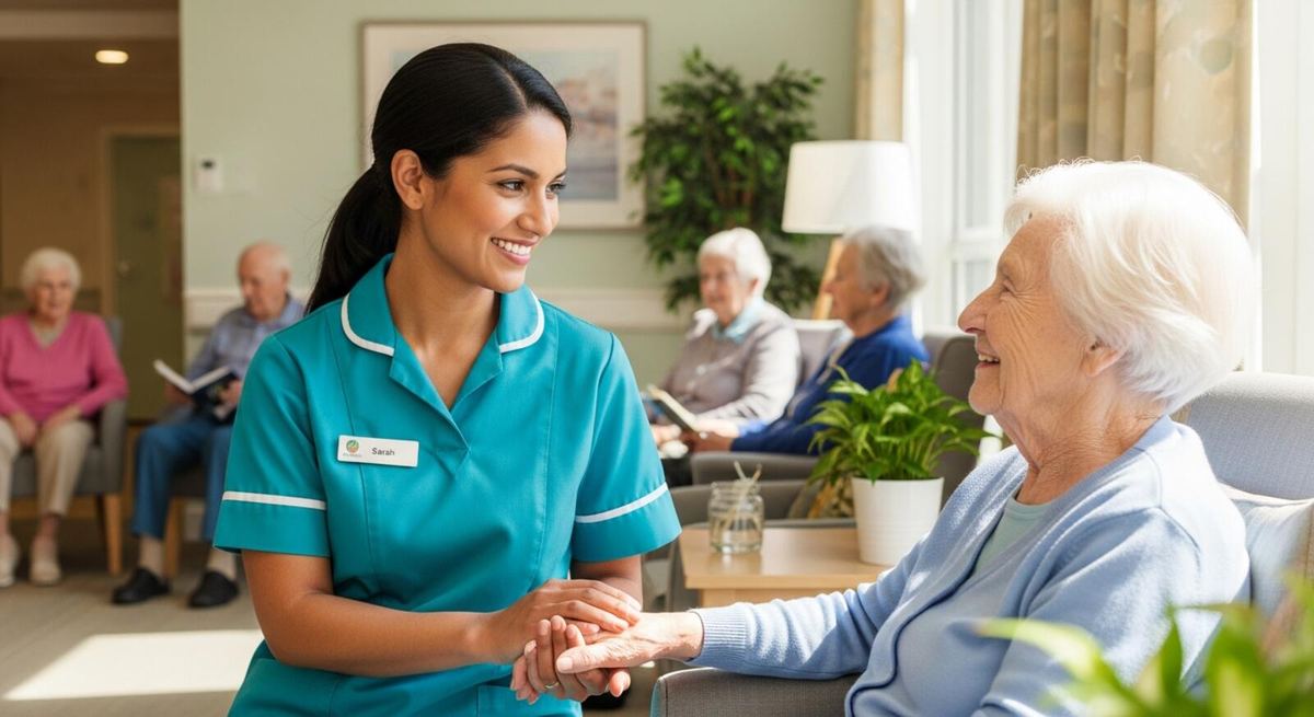 A nurse holding hands and talking with a smiling resident