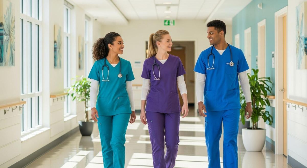 Three nurses walking together down a bright hallway