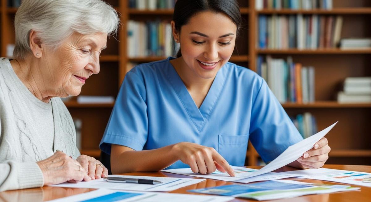 A nurse reviewing paperwork with an older woman